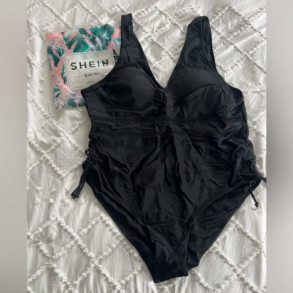 SHEIN NWT Black Lace-Trim One-Piece Swimsuit